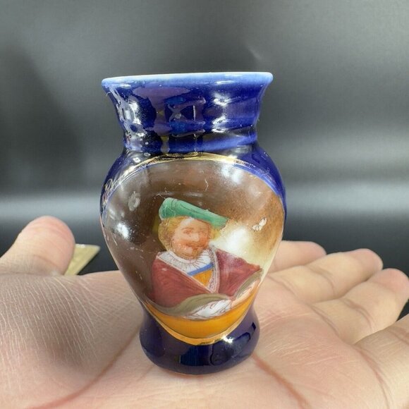 Antique Hand Painted Portrait Porcelain Small Miniature Vase Cobalt Blue VTG - Picture 12 of 15